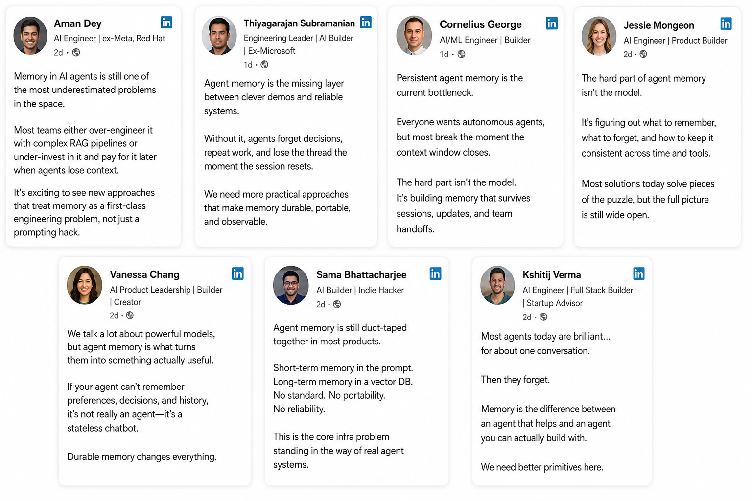A collection of public posts discussing the challenge of durable agent memory and AI context