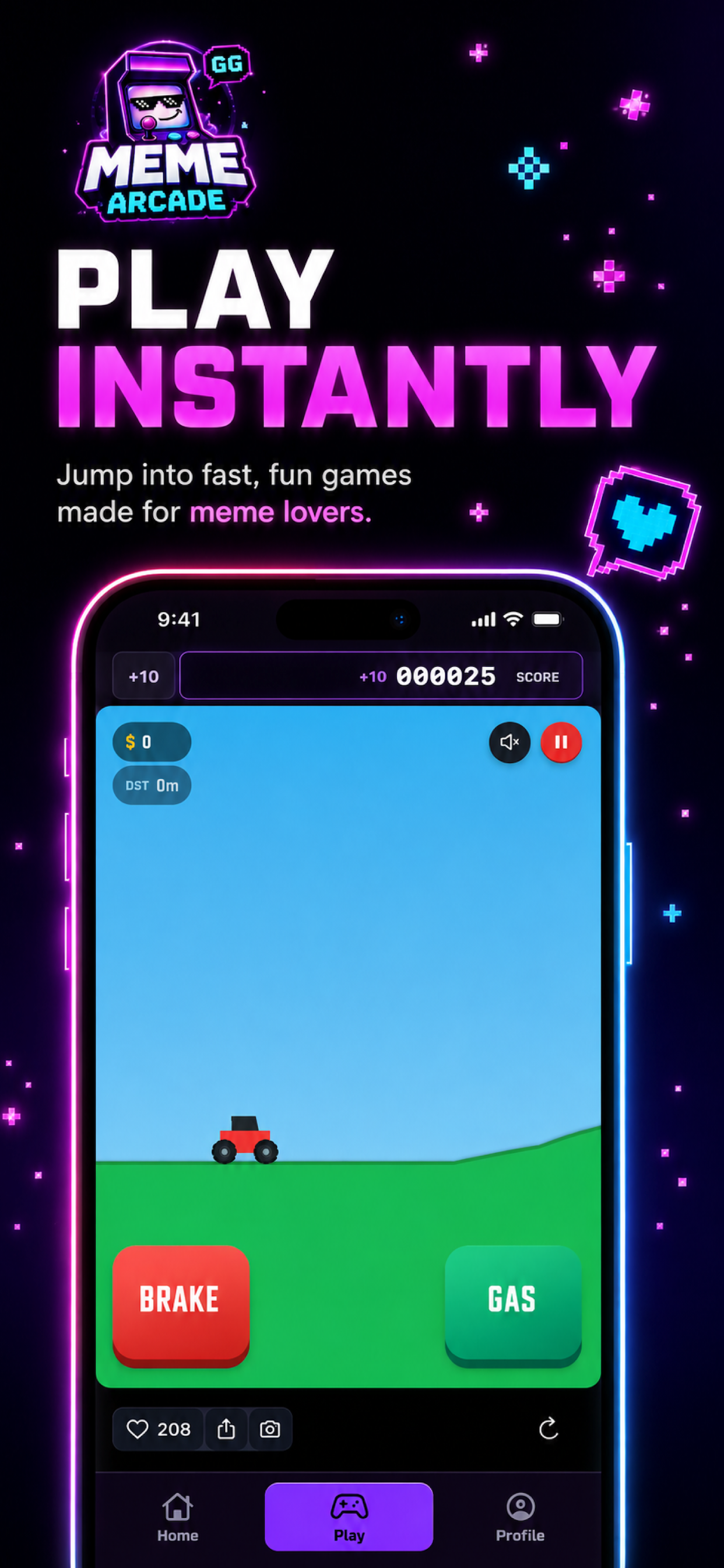 Meme Arcade game screen showing a fast arcade driving game with brake and gas controls.
