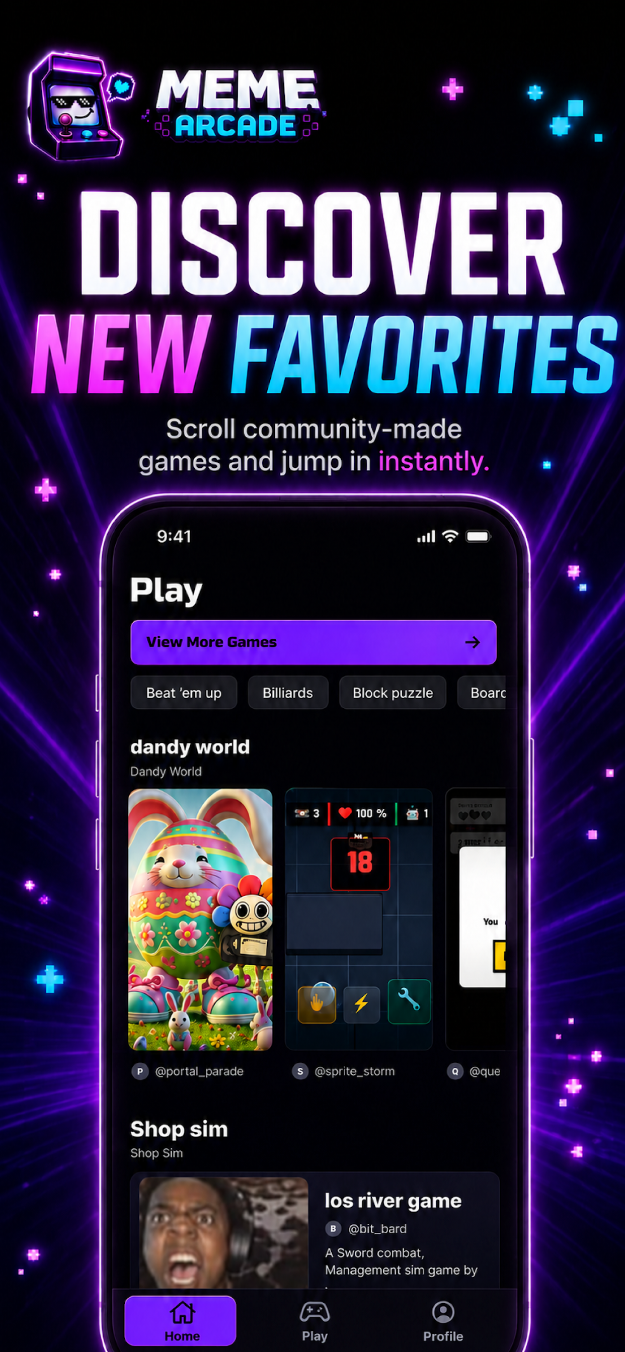 Meme Arcade discovery screen with a feed of community-made games and categories.