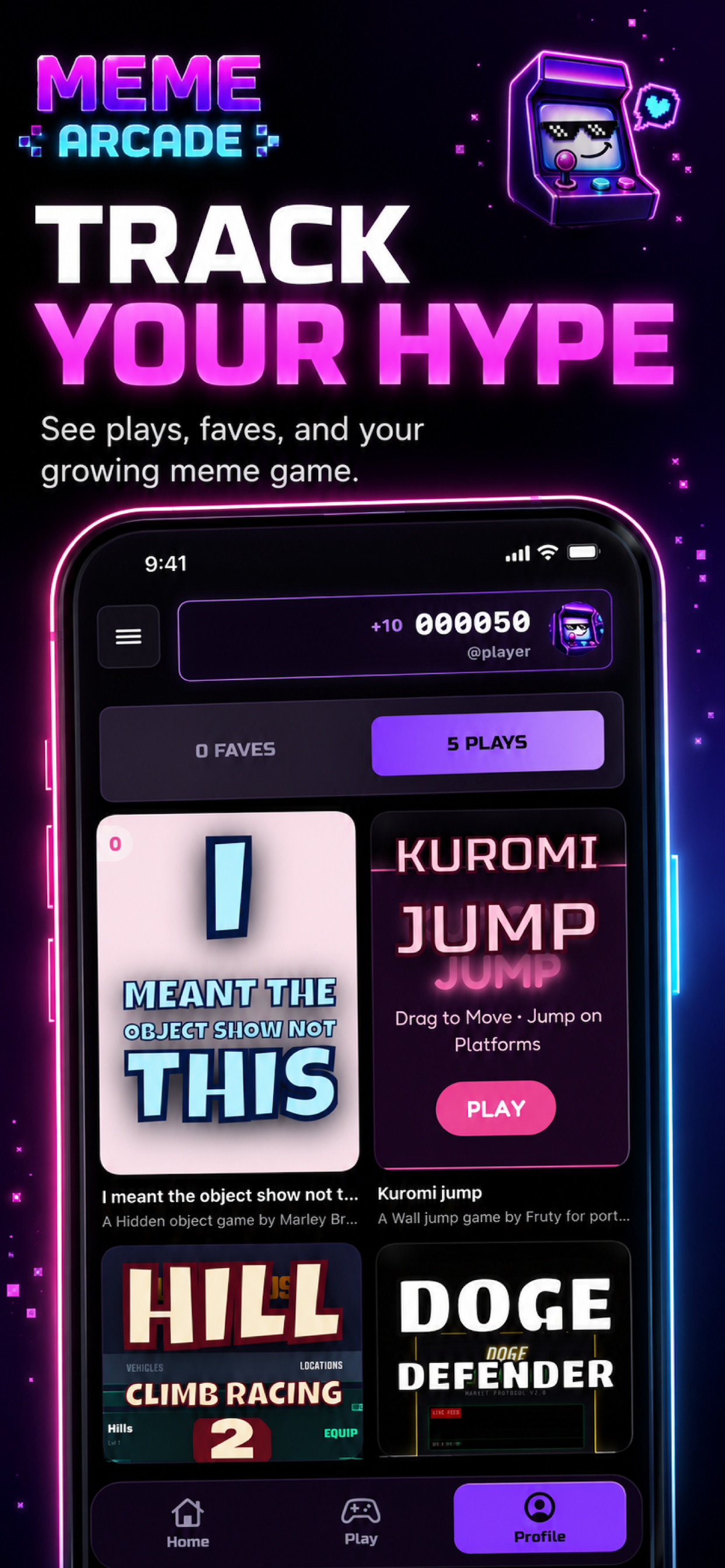 Meme Arcade profile screen with play history, favorites, and game cards.