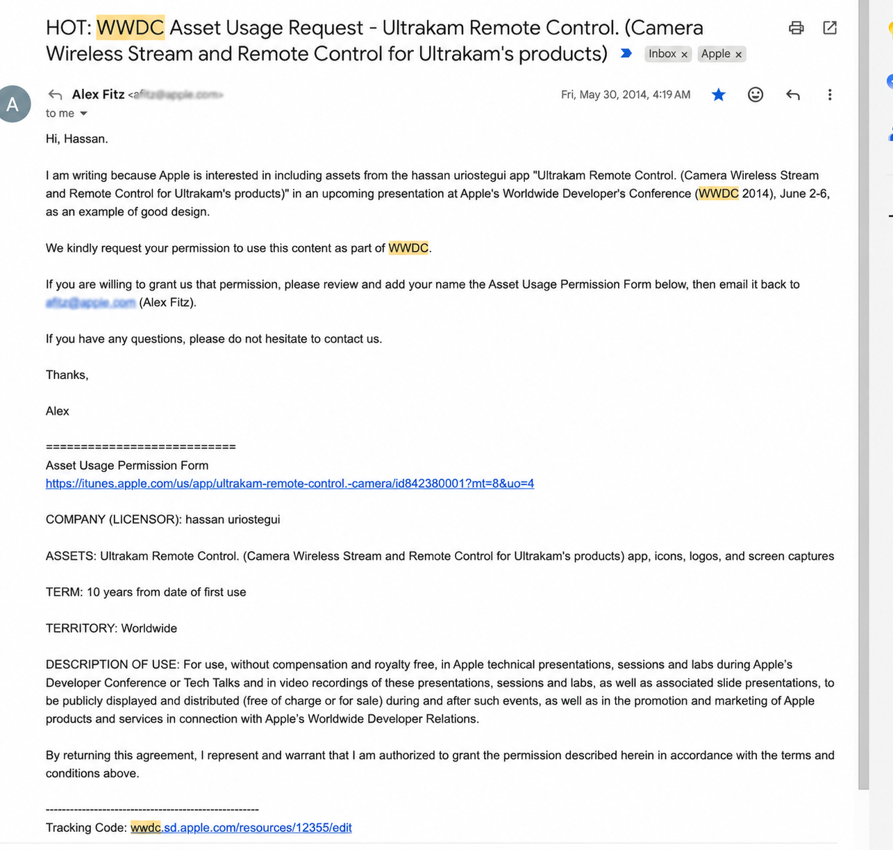 Apple email requesting permission to use Ultrakam Remote Control assets at WWDC 2014 as an example of good design.