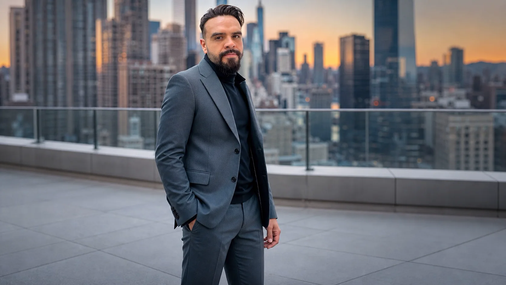 Hassan Uriostegui standing on a rooftop terrace with a city skyline behind him.