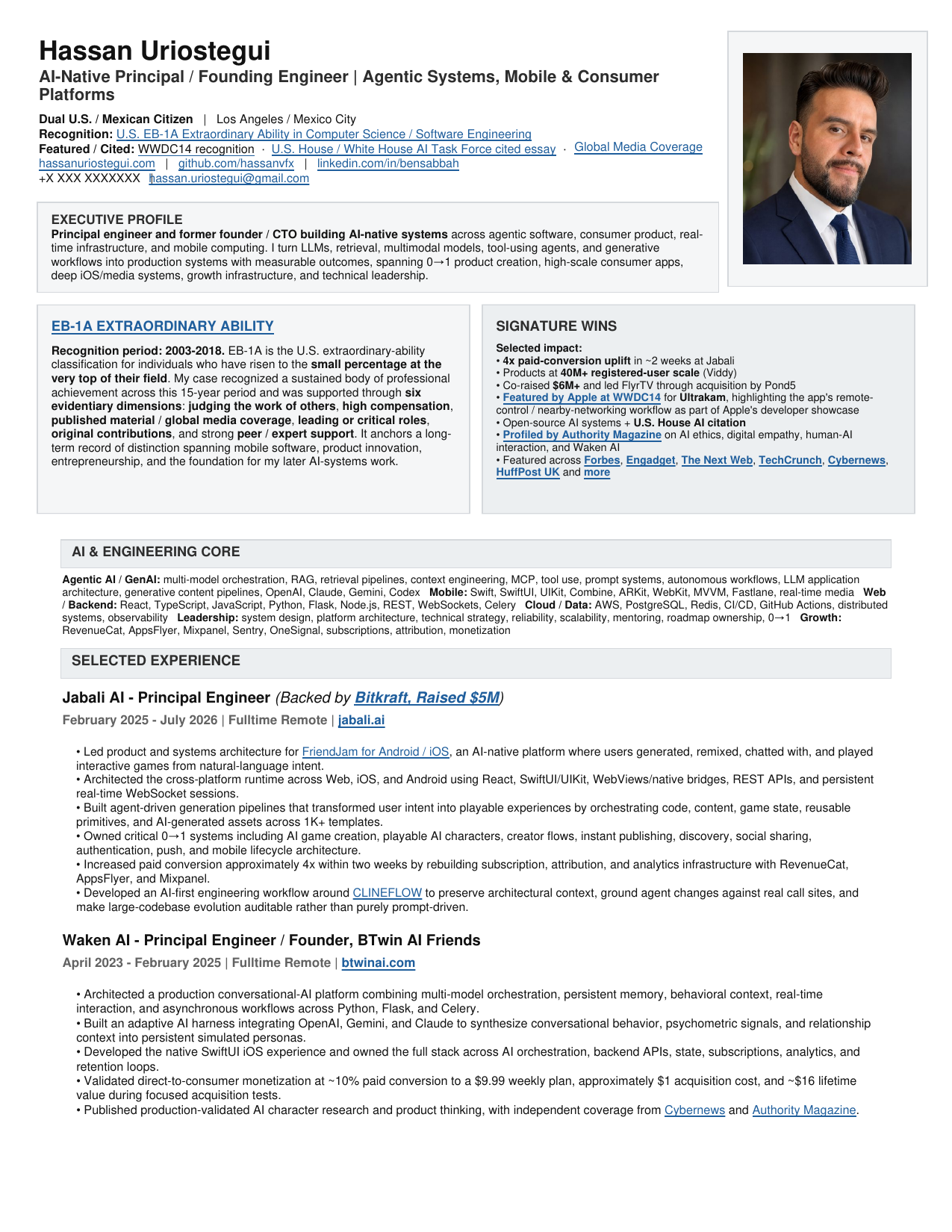 First page of Hassan Uriostegui's professional profile and resume.