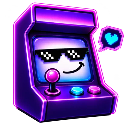 Neon purple Meme Arcade cabinet with pixel sunglasses and a heart speech bubble