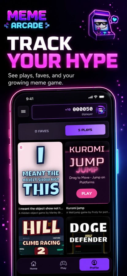 Meme Arcade profile screen with play history, favorites, and game cards