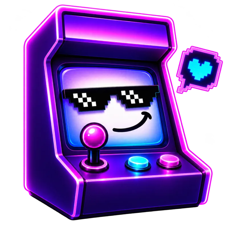 Neon purple Meme Arcade cabinet with pixel sunglasses and a heart speech bubble