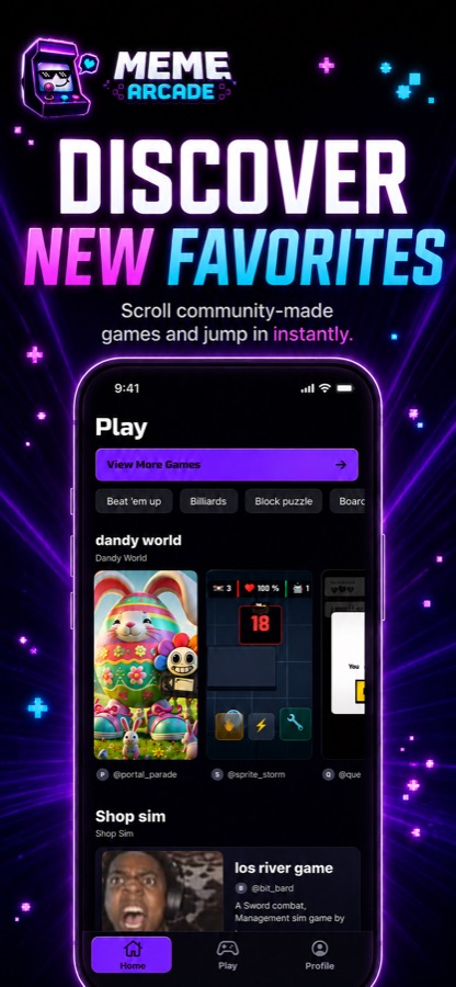 Meme Arcade discovery screen with community-made games and categories