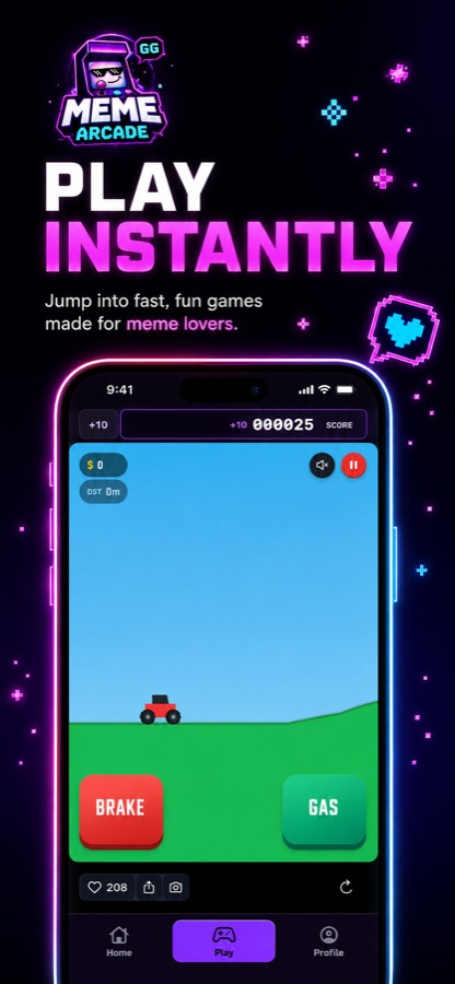 Meme Arcade game screen showing a fast arcade driving game with brake and gas controls
