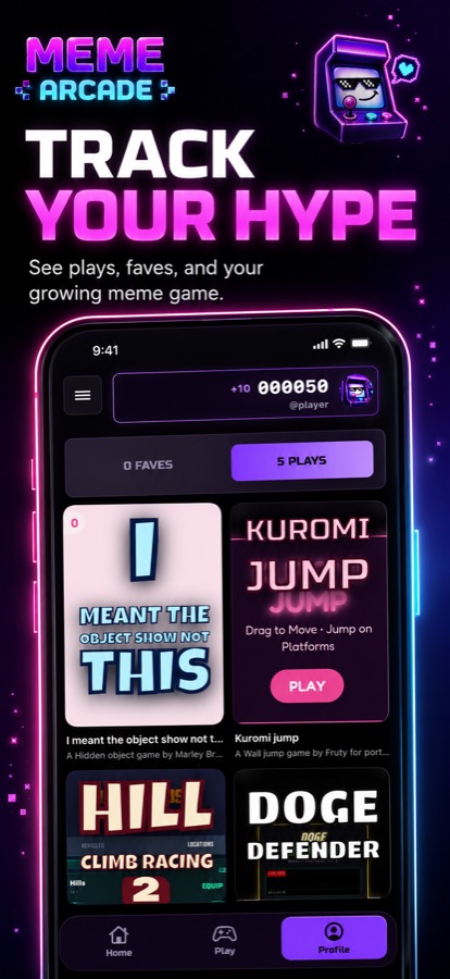 Meme Arcade profile screen with play history, favorites, and game cards